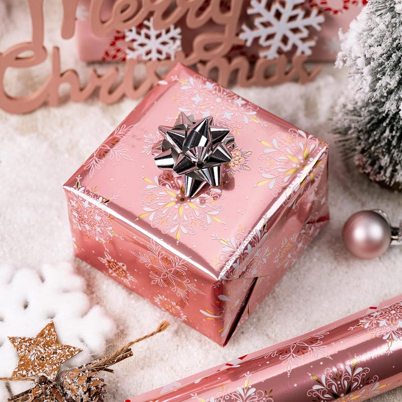 MAYPLUSS Pink Christmas Wrapping Paper Roll - 17IN X 33FT - Gift Wrapping Paper Featuring Gold and White Snowflake Reversible Candy Cane for Kids, Holiday, New Year - Image 4